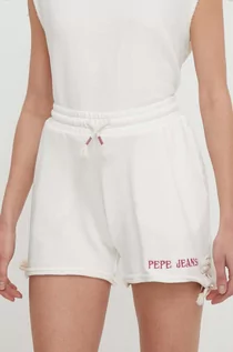 Spodenki damskie - Pepe Jeans szorty bawełniane Kendall kolor beżowy z aplikacją high waist - grafika 1