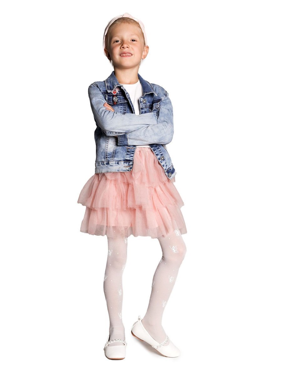 Rajstopy dziecięce lycra białe w motylki 40 DEN 104-110 YOCLUB