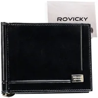 Portfele - Skórzany czarny poziomy portfel męski na banknoty etui na karty dokumenty ROVICKY banknotówka bez zapięcia ultra slim klips na banknoty ochrona RFID.. - miniaturka - grafika 1
