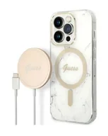 Etui i futerały do telefonów - Etui do iPhone 14 Pro Guess 4G Gold White Magsafe + ładowarka - białe - miniaturka - grafika 1