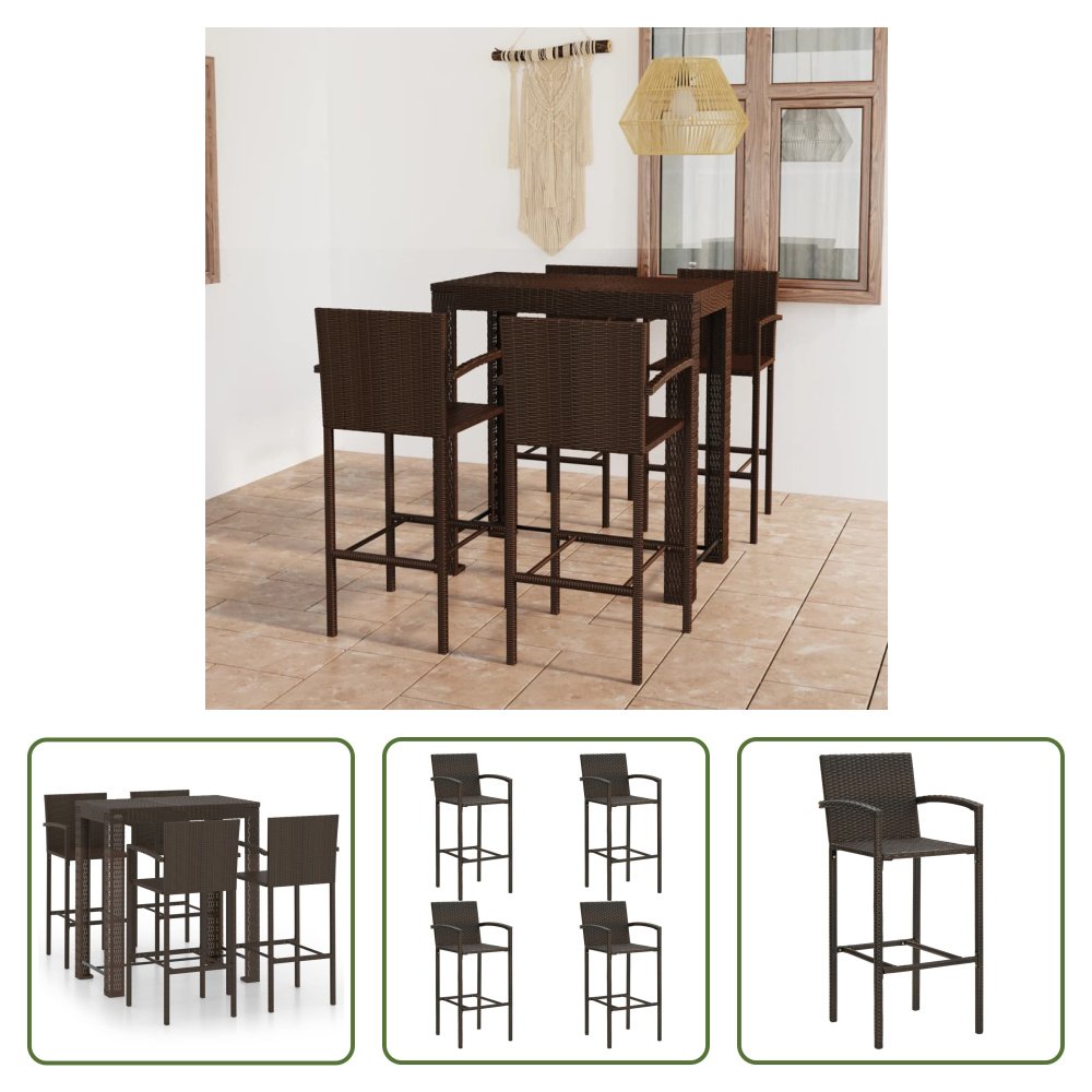 The Living Store 5-częściowy ogrodowy zestaw barowy z podłokietnikami z polirattanu brązowy