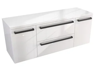 Szafka Wisząca Z Blatem ATH 120 cm D - Biały Wysoki Połysk - Uchwyty Czarne Matowe - Szafki łazienkowe - miniaturka - grafika 1