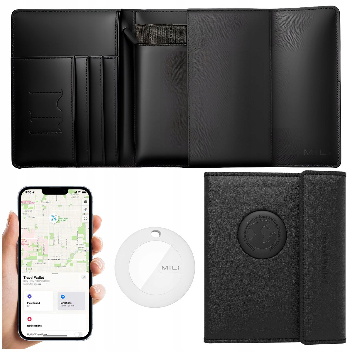 Lokalizator Gps MILI portfel podróżny z lokalizatorem MiTag Apple Ios