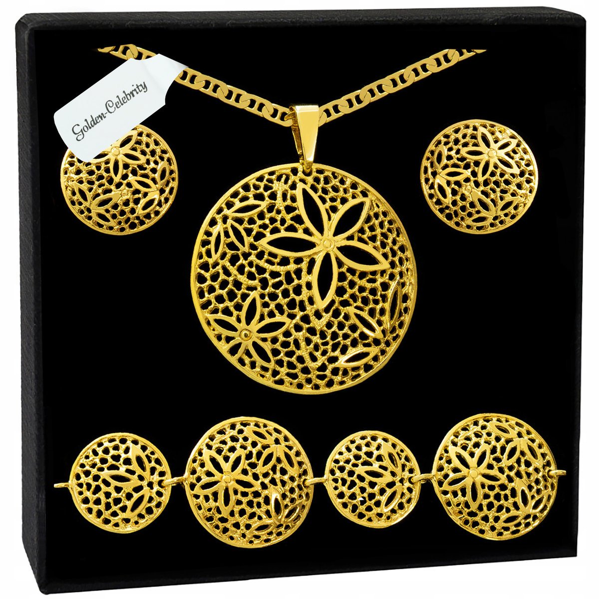 ZŁOTY KOMPLET BIŻUTERII AŻUROWY NASZYJNIK 14K 925 BRANSOLETKA KOLCZYKI 55CM