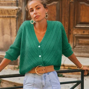 TEMU Kardigan Damski z Dekoltem w Serek - Długi Rękaw, Przyciski na Przedzie, Lekka Moda na Jesień/Zimę, Idealny do Stylu Casual, Klasyczna - Swetry damskie - miniaturka - grafika 1