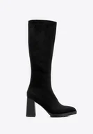 Półbuty męskie - Damskie kozaki z imitacji zamszu na słupku czarne - miniaturka - grafika 1