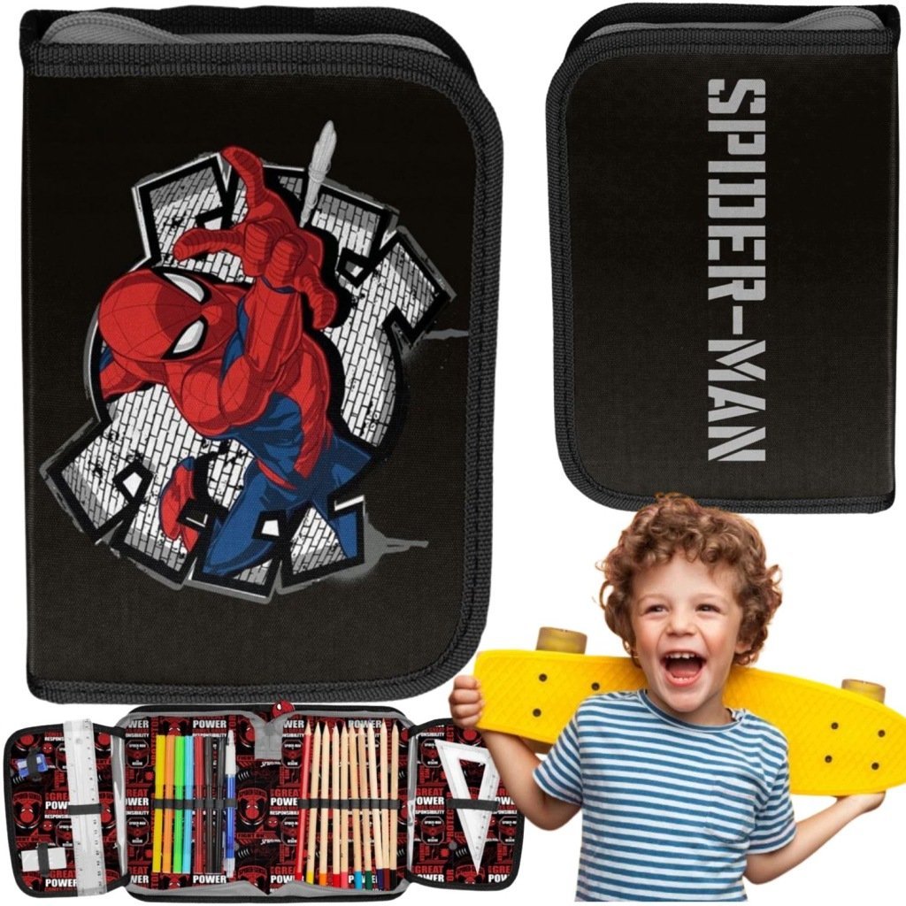 PIÓRNIK SZKOLNY ROZKŁADANY POJEDYŃCZY Z WYPOSAŻENIEM SPIDERMAN ORGANIZER