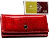Portfele - PETERSON duży i pojemny skórzany portfel damski lakierowany czerwony ochrona kart RFID - miniaturka - grafika 1