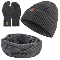 Czapki damskie - Ciemnoszary komin k10 + czapka cz43 + rękawiczki r2 brødrene - miniaturka - grafika 1