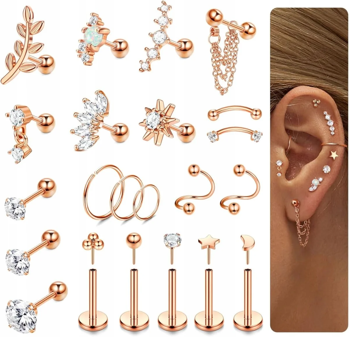 KOLCZYKI 22 SZTUKI HELIX TRAGUS ZESTAW PIERCING HIPOALERGICZNE ZŁOTE