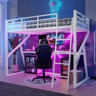 Łóżka dla dzieci i młodzieży - Łóżko na antresoli 90x200 cm - żelazna konstrukcja - z oświetleniem LED - z poręczą + schodami - z biurkiem - białe (bez materaca) - miniaturka - grafika 1