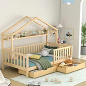 Łóżka dla dzieci i młodzieży - Łóżko dziecięce sosnowe w kształcie domku z szufladami, stelaż z listew, 90x200 cm, drewno naturalne, stabilność i bezpieczeństwo - miniaturka - grafika 1