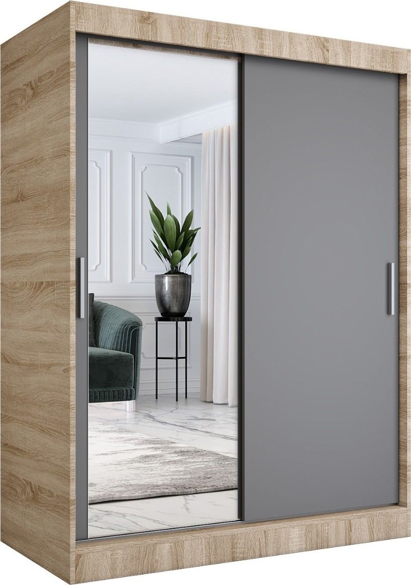 MKPOL Szafa przesuwna MODUO COMFORT 150 dąb sonoma/antracyt z lustrem po lewej