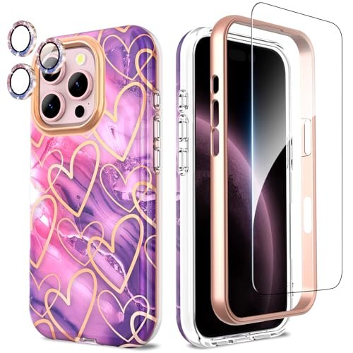 SHEDEER Etui 4 w 1 do iPhone'a 16 Pro z osłoną ekranu i ochroną aparatu, klasy wojskowej 360°, odporne na wstrząsy, z tworzywa TPU, odporne na blaknięcie, błyszczące etui na telefon fioletowe i serce