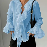 Koszule damskie - TEMU Elegancka, damska bluzka z wycięciem w kształcie litery V, z falbanikiem, długim rękawem i zapinaną z przodu - swobodnie pasująca, jednokolorowa - miniaturka - grafika 1