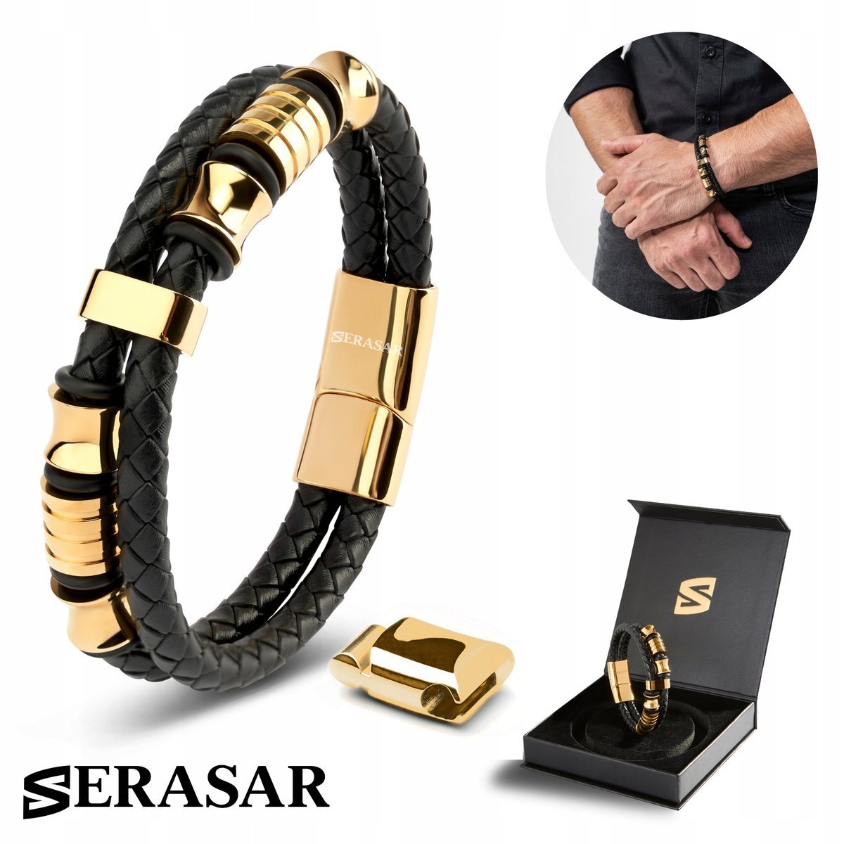SERASAR męska skórzana bransoletka [Spirit] - złota 20 cm - ze stalowym zapięciem magnetycznym - w zestawie pudełko prezentowe