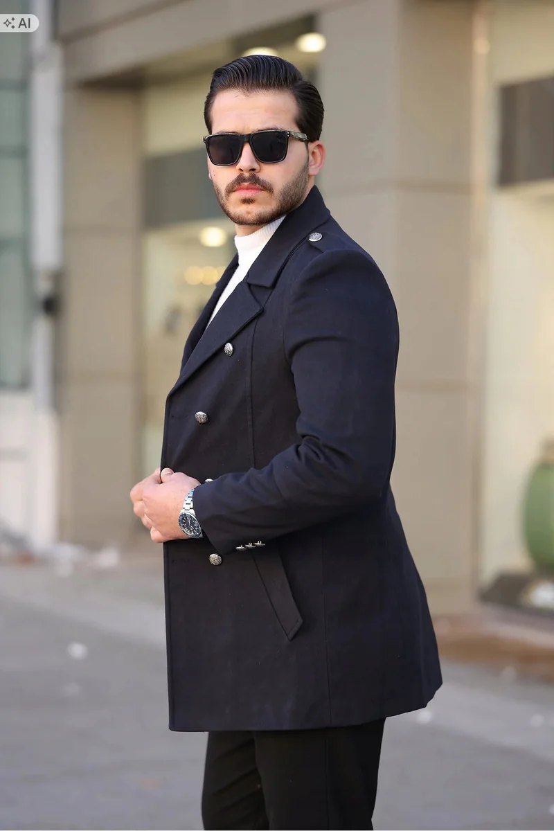 ELEGANCKI PŁASZCZ MĘSKI GRANATOWY Z METALOWYMI GUZIKAMI XL 5IA