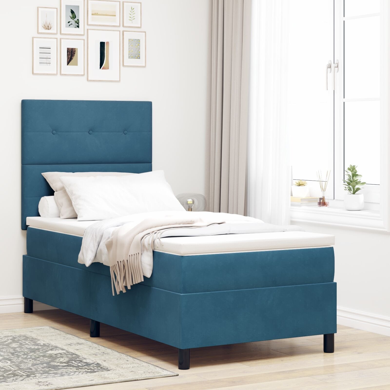 Łóżko Box Spring z materacem ciemnoniebieskie pojedyncze aksamitne