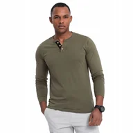 Koszulki męskie - Bawełniany longsleeve męski z guzikami ciemnooliwkowy OM-LSCL-0107 V1 r L - miniaturka - grafika 1