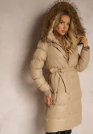 Kurtki damskie - Beżowa Kurtka Pikowana o Długim Kroju z Kapturem Wiązana w Pasie z Odpinanym Futerkiem Phorira - miniaturka - grafika 1