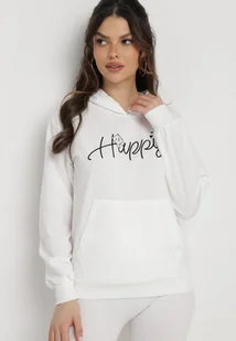 Biała Bluza z Kapturem Napisem i Kangurkową Kieszenią Adrippa - Bluzy damskie - miniaturka - grafika 1