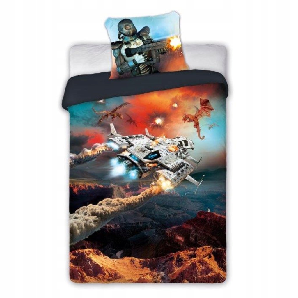 Pościel młodzieżowa Gamer 160x200 70x80 kosmos statek robot smoki bawełna