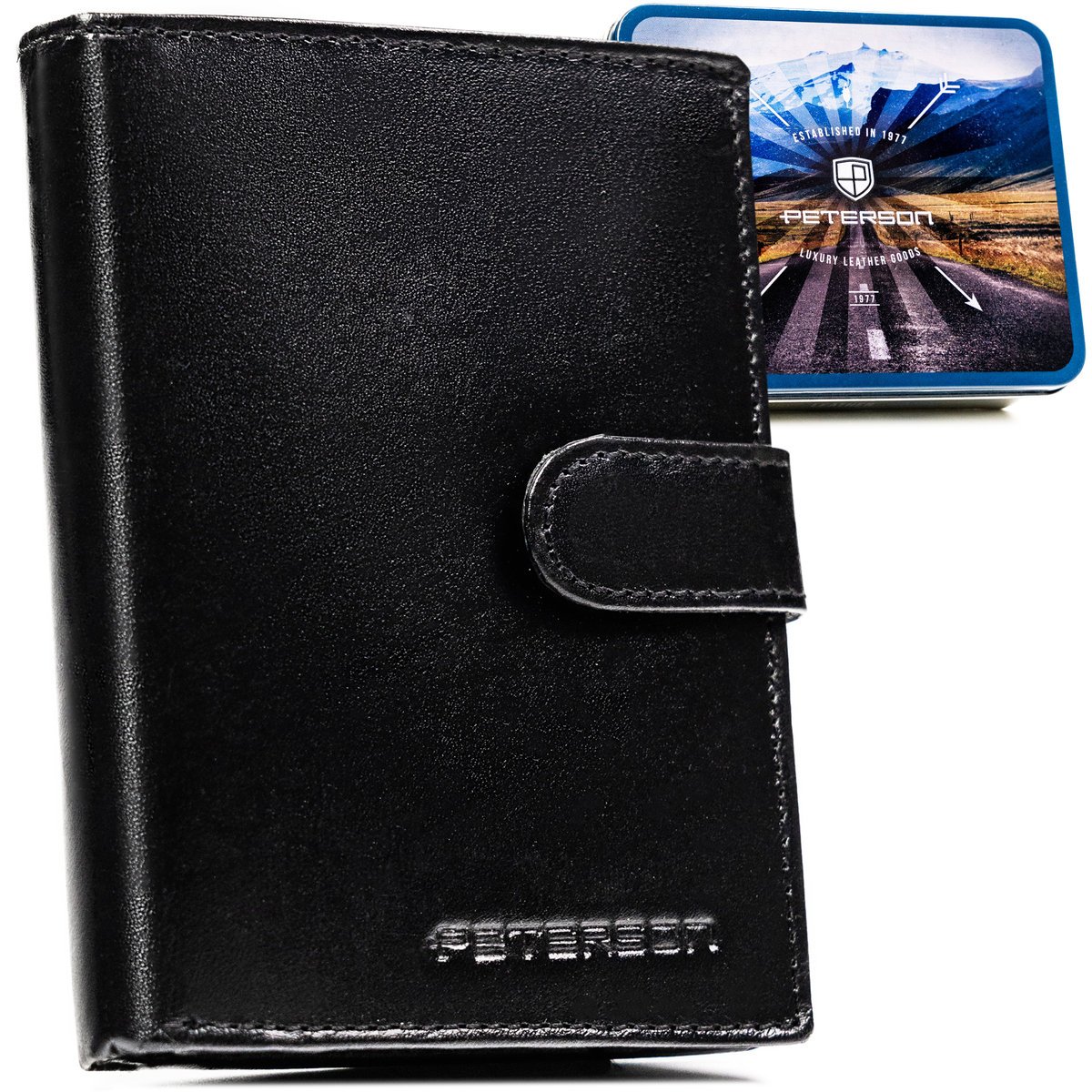 Portfel męski skórzany elegancki zestaw na prezent Peterson z RFID czarny