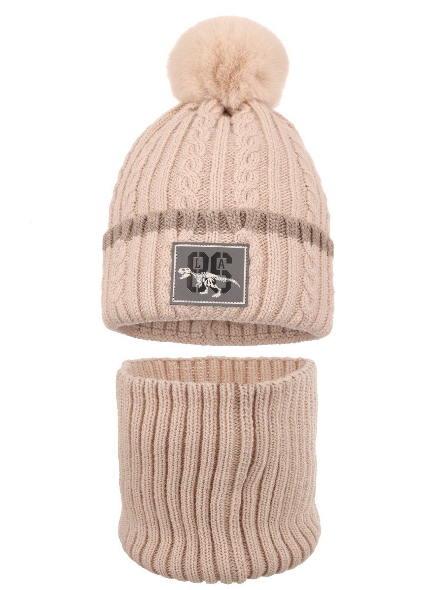 Chłopięcy komplet zimowy czapka i komin dinozaur beżowy Ambra r.46/48