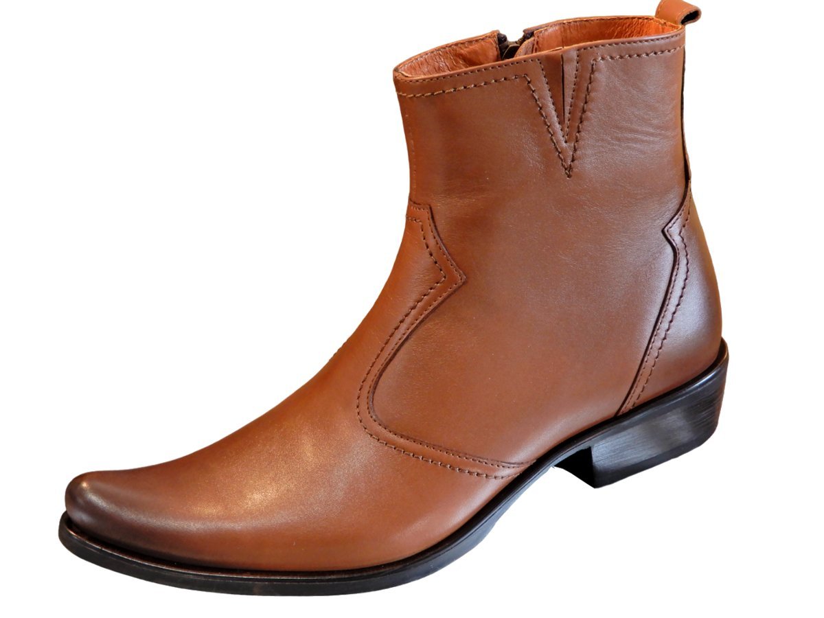 Brązowe kowbojki męskie na zamek skóra licowa patynowana