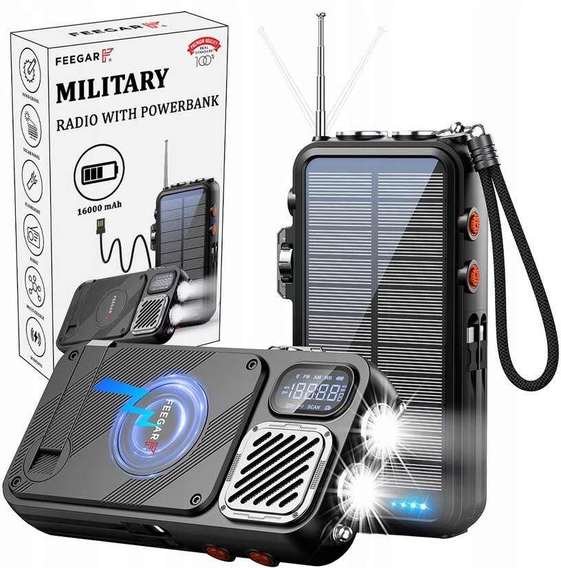 Feegar Radio Przenośne Powerbank Military 16000mah Bluetooth Budowlane na Korbę IP65 Latarka