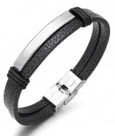 Bransolety męskie - Bransoletka męska skórzana czarna stal srebrna 21cm - miniaturka - grafika 1