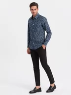 Koszule męskie - Męska koszula bawełniana we wzory SLIM FIT - ciemnoniebieska V1 OM-SHCS-0151 - miniaturka - grafika 1