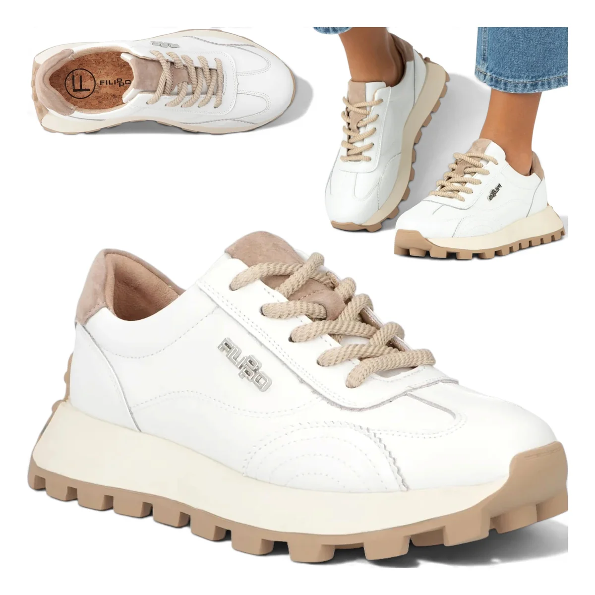 Sneakersy Damskie SKÓRZANE FILIPPO Wygodne Półbuty Białe na Platformie 39