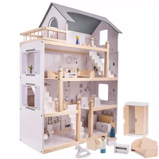 DOMEK DREWNIANY dla lalek z mebelkami akcesoriami i ludzikami DOMEK SZARY 80cm - Domki dla lalek - miniaturka - grafika 1