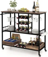 Wózki kuchenne - KOMFOTTEU Wózek kuchenny na kółkach, wózek do serwowania z uchwytem na butelki, uchwytem na szklanki i haczykiem, 3-poziomowy wózek barowy do domowego baru, kuchni (szary) - miniaturka - grafika 1