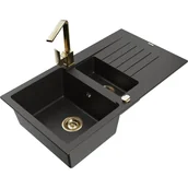 Zlewozmywaki z baterią - Mexen Matias zlewozmywak granitowy 1,5-komorowy z ociekaczem i baterią kuchenną Rita, czarny/złoty - miniaturka - grafika 1