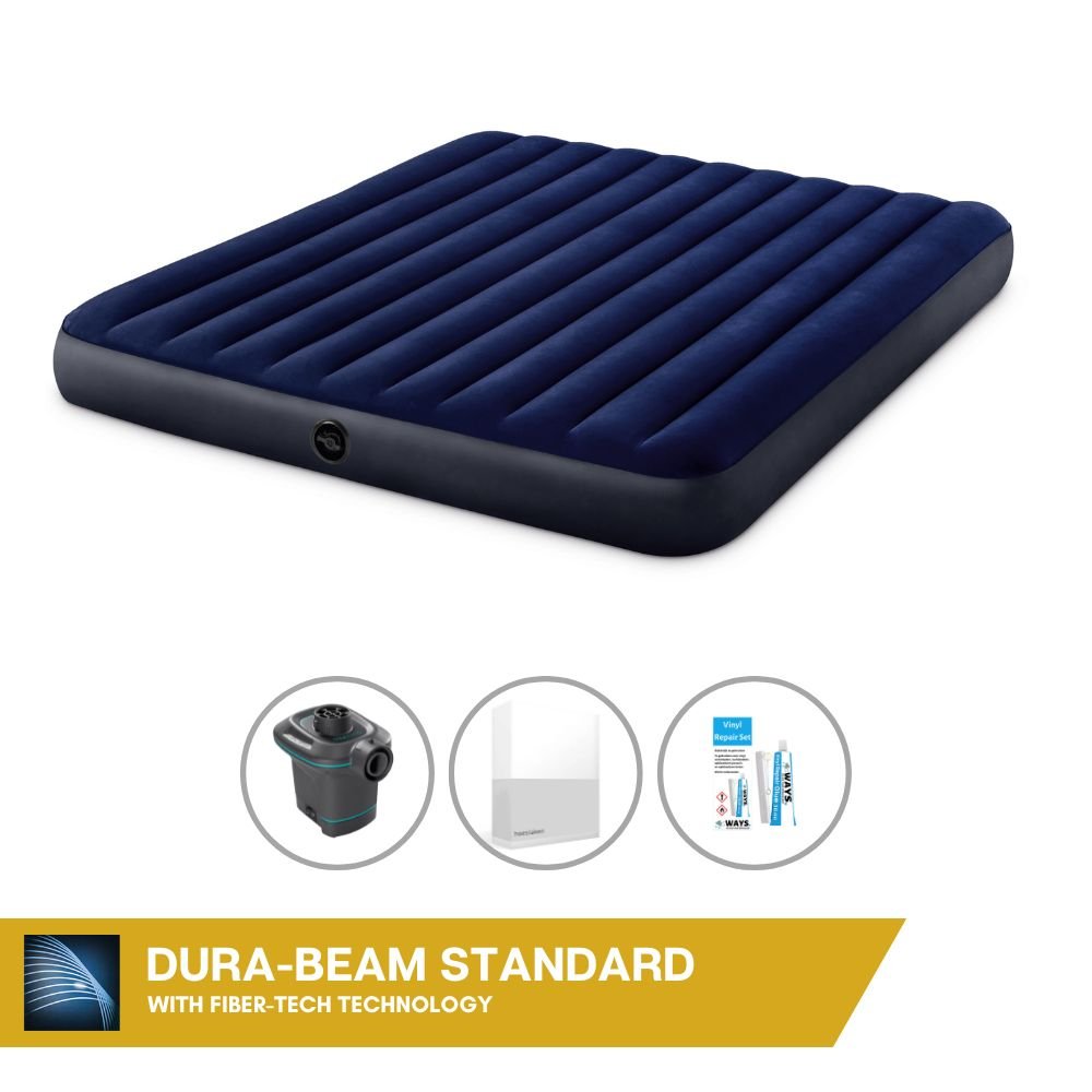 Dmuchane łóżko Intex - 2 osoby - 183 x 203 x 25 cm - niebieskie + pompka elektryczna Intex - 650 litrów/min + prześcieradło białe + zestaw naprawczy