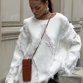 Swetry damskie - TEMU ELEGANTSUT Damski Sweter z Frędzlami i Wzorem Rombów – Jednokolorowy Sweter z Okrągłym Dekoltem na Jesień/Zimę, Elegancka Bluzka Sweterowa do - miniaturka - grafika 1