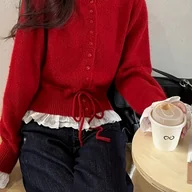 Swetry damskie - TEMU Modny damski krótki kardigan z koronkowymi naszywkami, czerwony sweter, wiązany w pasie i luźny krój. - miniaturka - grafika 1