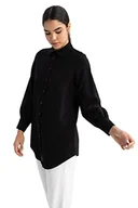 Bluzki damskie - DeFacto Damska bluzka z długim rękawem, koszula z guzikami, do noszenia na co dzień, czarny, S - miniaturka - grafika 1