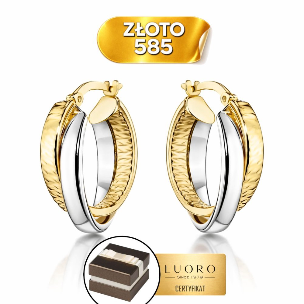 KOLCZYKI ZŁOTE 585 14K SPLOT KÓŁECZKA DWUKOLOROWE DIAMENTOWANIE 16 MM