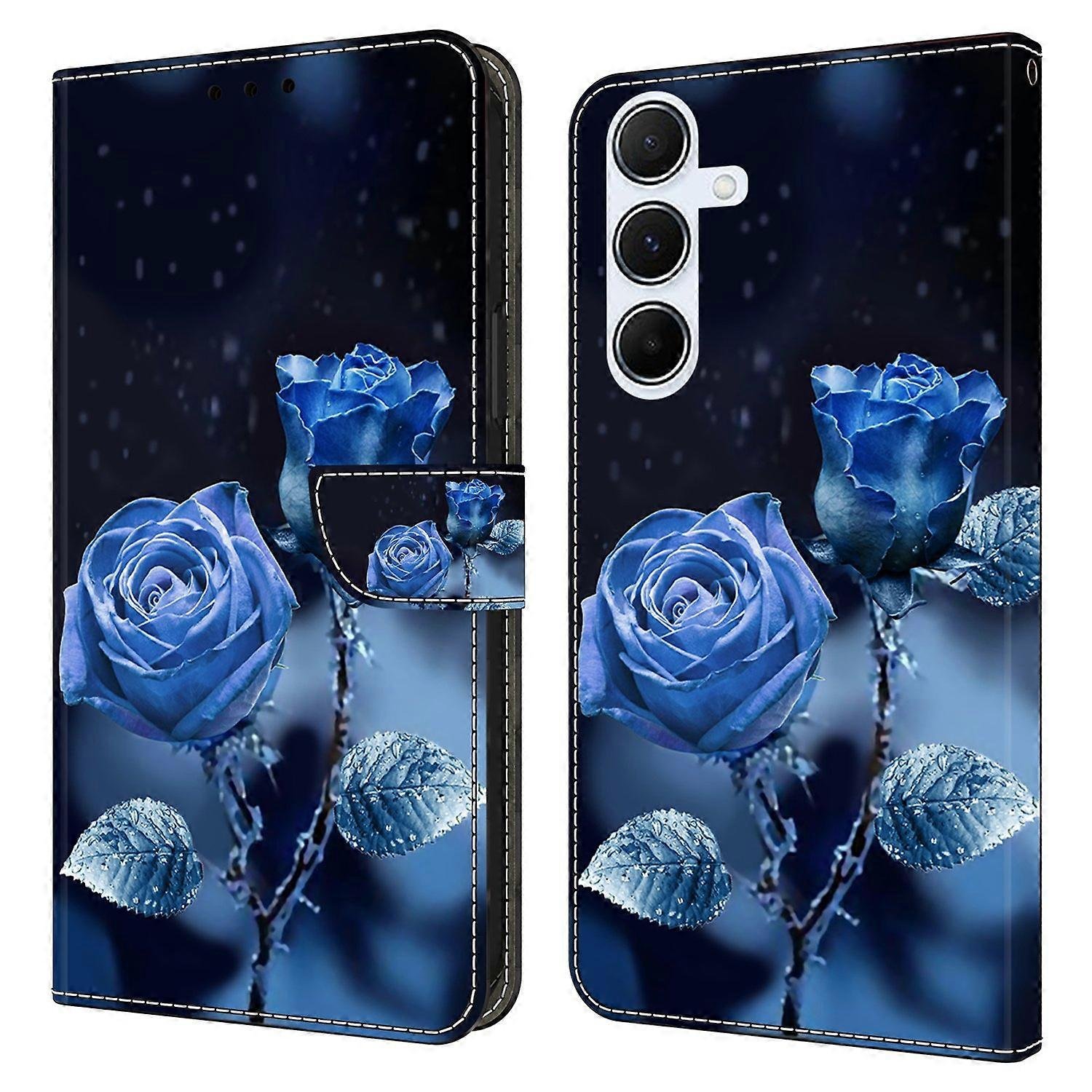 Dla Samsung Galaxy A56 5G Etui-portfel Wzór Stojak do drukowania Skórzany pokrowiec na telefon z klapką - Niebieskie Róże Wielobarwny Blue Roses