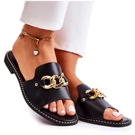 Klapki i japonki damskie - S.Barski Modne Klapki Z Łańcuchem Na Płaskim Obcasie Czarne Finess - miniaturka - grafika 1