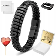 Bransolety męskie - BRANSOLETKA MĘSKA SKÓRZANA CZARNA Z GRAWEREM MOCNA REGULOWANA NA PREZENT - miniaturka - grafika 1