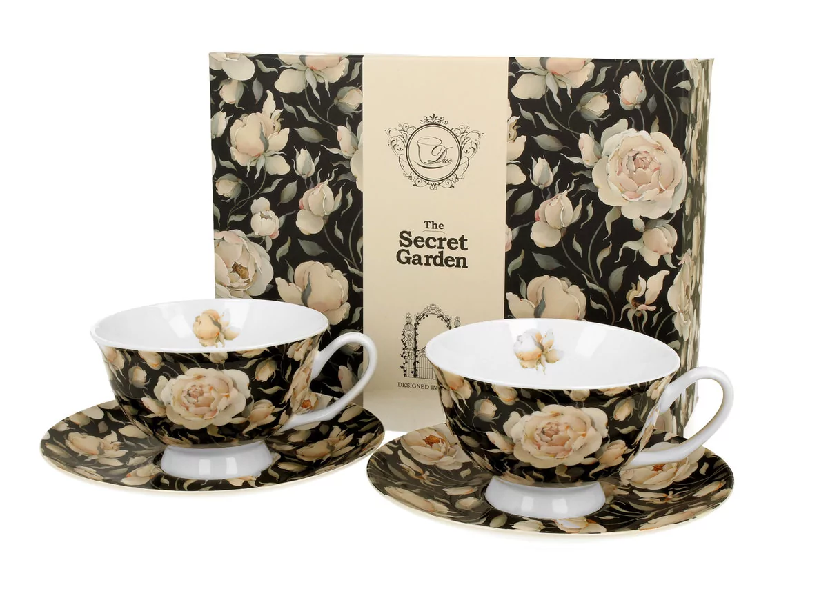 Filiżanki do kawy i herbaty porcelanowe ze spodkami DUO royal ENGLISH ROSES BLACK 250 ml 2 szt