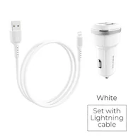 Ładowarki samochodowe - Borofone - ładowarka samochodowa 2x USB kabel Lightning w zestawie, biały - miniaturka - grafika 1