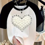 Bluzki damskie - TEMU Damska T-shirt w kontrastowych kolorach czarno-białych z nadrukiem - krótki rękaw, okrągły dekolt, letnia modna bluzka, damskie T-shirty - miniaturka - grafika 1