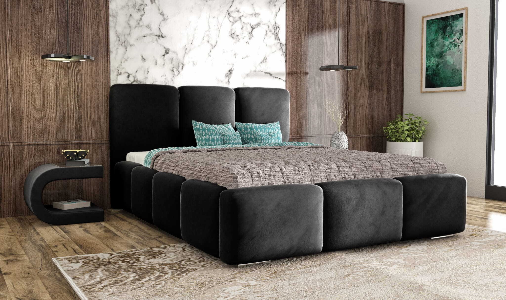 Łóżko tapicerowane AGMAT ROYAL z wezgłowiem, 180 x 200 cm, łóżko dwuosobowe z podstawą łóżka i stelażem z listew metalowych, tkanina welurowa, kolor: czarny