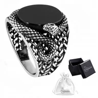 Pierścionki - Sygnet WĄŻ srebrny pr. 925 Pierścień z WĘŻEM i Owalnym Onyksem r. 18 - miniaturka - grafika 1