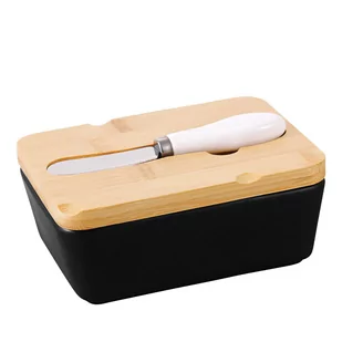 Maselnica z bambusową pokrywką i nożem Florina Adria 15,5x11x6 cm czarna - Inne naczynia kuchenne - miniaturka - grafika 1